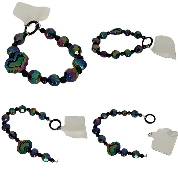 Iridescent Purple & Green Heart Large Beaded Charm Phone Accessory Wristlet - Picture 4 of 12